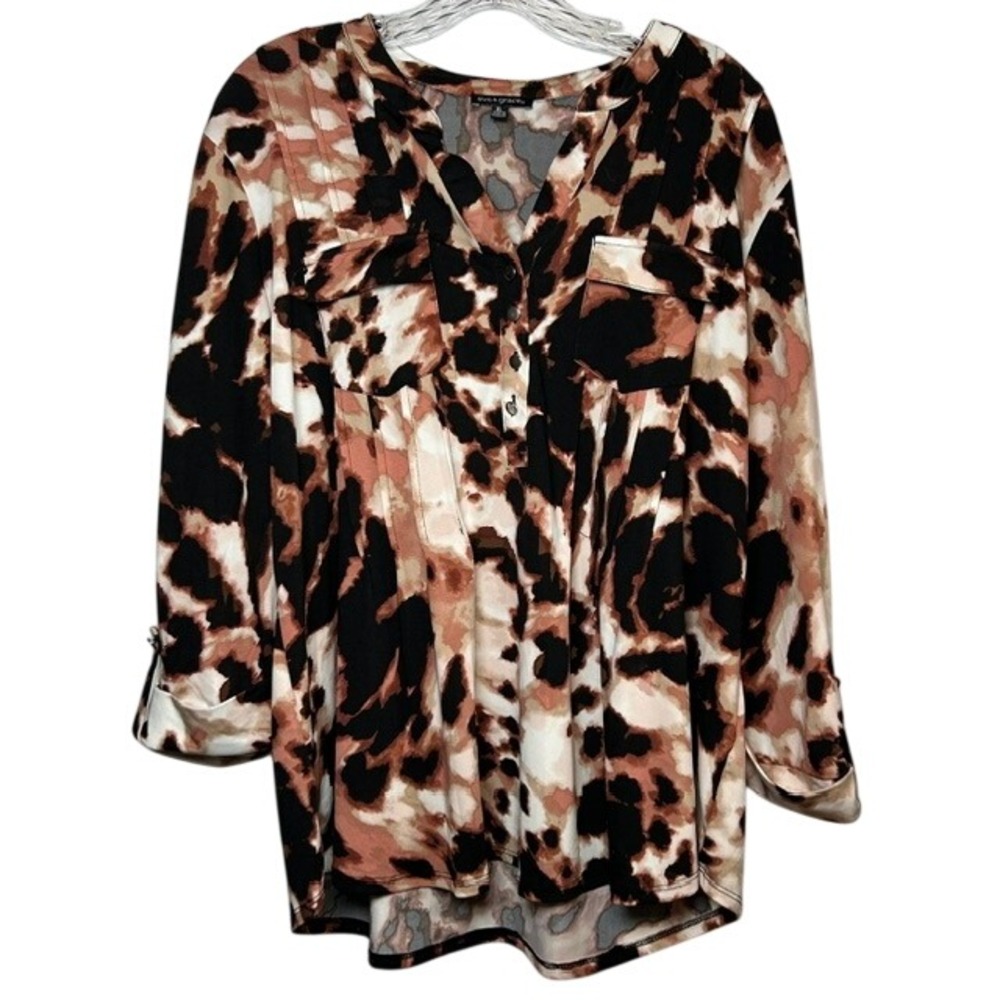 Ava & Grace Women's Black & Brown V-Neck 3/4 Sleeve Blouse XL Dressy Career